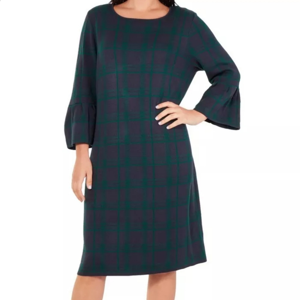 NY Collection Plaid Bell Sleeve Knit Dresd XL